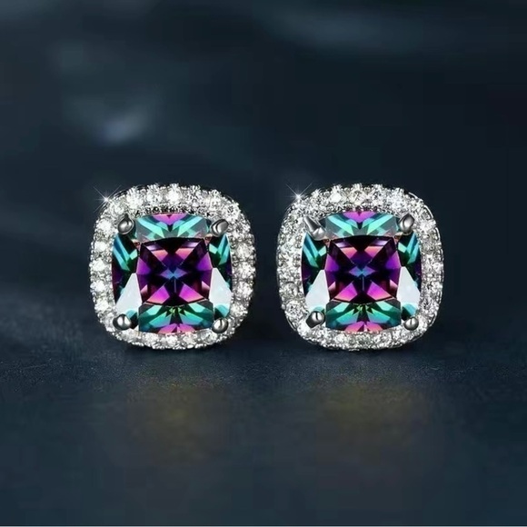 ELEGANT Multicolor and Silver Square Shape Stud Earrings, New In Package - Picture 2 of 5